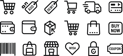 Black and white shopping icons on white background shopping cart add tag