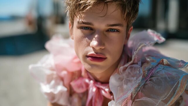 Beautiful young man in pink frilly outfit looking at camera and closing eyes