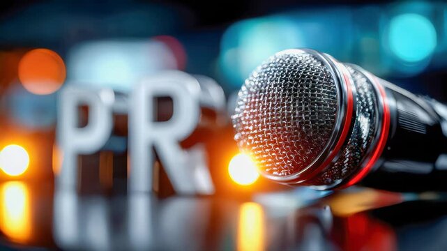 Professional microphone with PR letters symbolizing public relations, media communication, and broadcasting