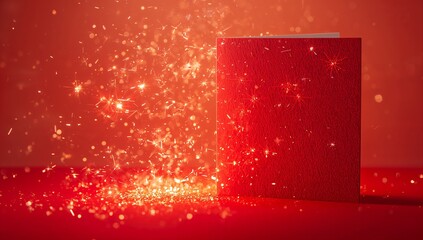 Standing red textured card casting shadow on red table, gold glitter scattering left, copy space