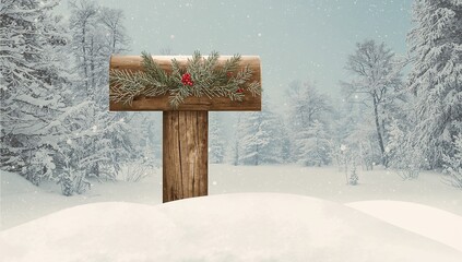 Fototapeta premium Standing weathered wooden signpost in snow-covered clearing, with frosted garland and red berries