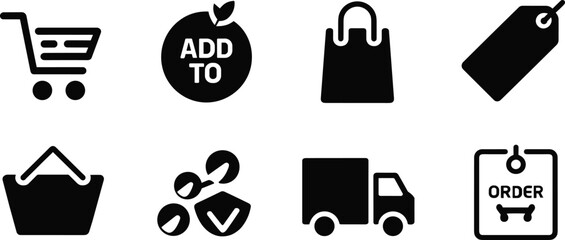 Black shopping icons for e-commerce and retail shopping cart add to cart