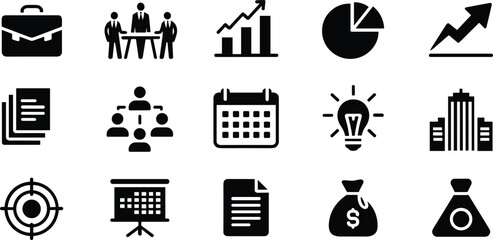 Business icons briefcase meeting graph pie chart calendar lightbulb buildings vector
