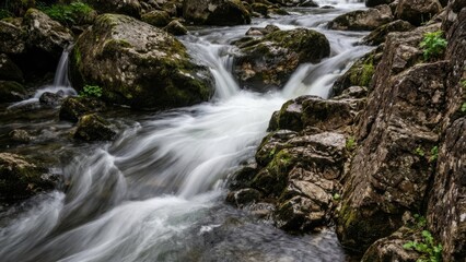 Fototapeta premium Long Exposure of Rushing Water Cascading Over Moss-Covered Rocks in a Serene Forest Stream