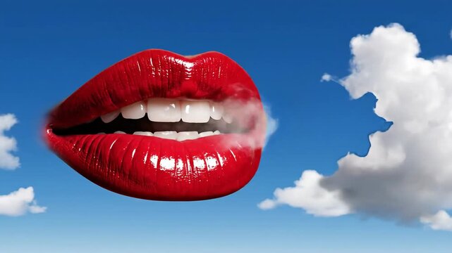 Surreal Red Lips Biting a Fluffy Cloud in a Blue Sky.