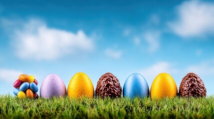 Colorful Easter eggs candies on grass display