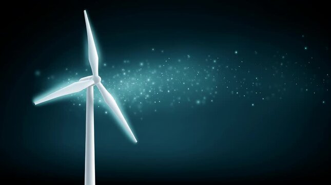 A glowing wind turbine with sparkling energy trail and bright particles creating a clean renewable energy atmosphere in a dark sky