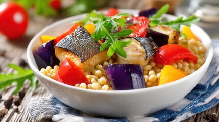 Grilled fish vegetable couscous salad in white bowl on wooden table