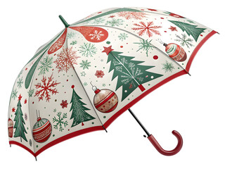 Umbrella with Festive Red and Green Christmas Pattern, isolated on white background.