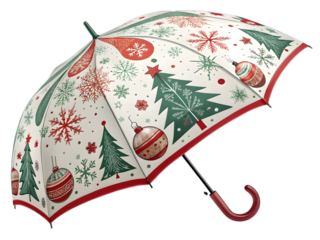 Umbrella with Festive Red and Green Christmas Pattern, isolated on white background.