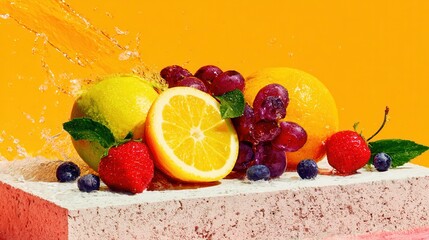 Vibrant fruit assortment with splashes on surface