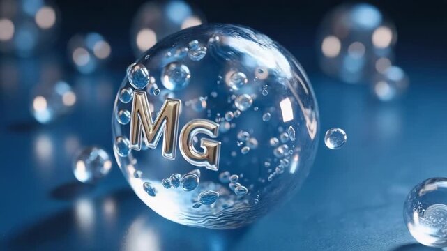 A clear glass bubble containing the letters MG, with smaller bubbles floating nearby on a blue surface.