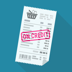shopping receipt with an overhead shopping basket icon and a prominent red "ON CREDIT" stamp. Concept for debt, financing, or deferred payment. Blue background with long shadow (flat design).