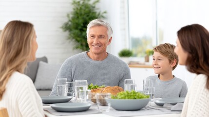 gathering family. Family gathering at a dining table with a smiling grandfather, child, and two women enjoying a meal together, creating a warm and inviting atmosphere of togetherness