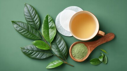 Green tea leaves powder on green background with cup coaster