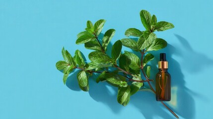 Mint leaves essential oil bottle on blue background