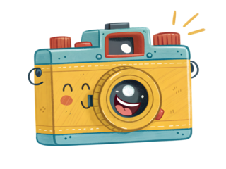 Cute Cartoon Retro Camera Illustration with Smiling Face, isolated on white background.