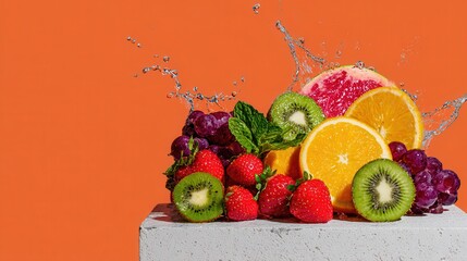 Fruit splash with citrus, berries, kiwi on orange background