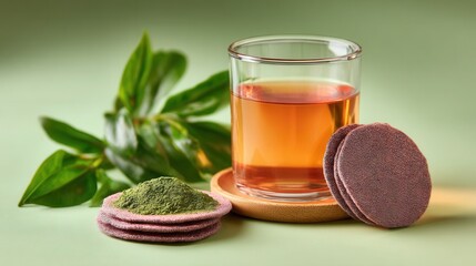 Glass of herbal tea with matcha cookies on green background
