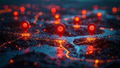Digital world map with glowing red GPS pins