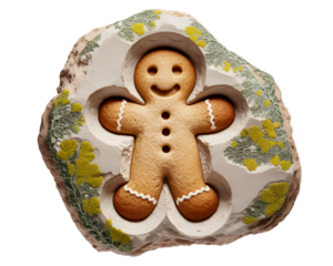 Detailed Gingerbread Man Cookie Fossil Art Relief, isolated on white background.