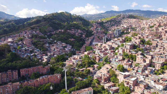 Aerial View of Densely Populated Homes and Metrocable in Comuna 13, Medell&iacute;n, Colombia