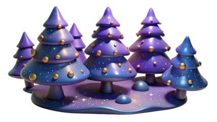 Whimsical 3D Rendered Purple and Blue Christmas Tree Forest, isolated on white background.