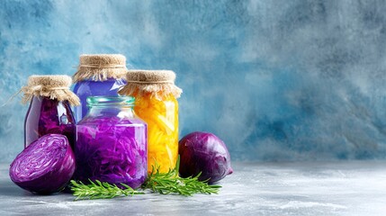 Pickled vegetables in jars on rustic table