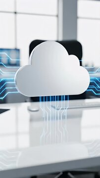 Futuristic cloud computing concept with a glowing white cloud icon hovering over a modern computer screen symbolizing data storage and digital transformation