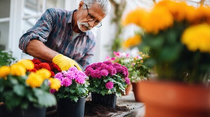 Gardener tending to vibrant colorful flowers in urban garden