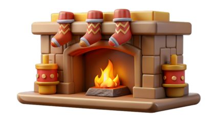 3D Cozy Christmas Fireplace or Holiday Hearth, isolated on white background.