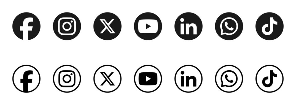 Social media logo icons svg . Facebook, Instagram, X , YouTube, LinkedIn, WhatsApp & TikTok . vector circle button set 2026	