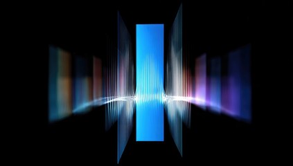 Abstract vibrant blue column with surrounding blurred panels against black