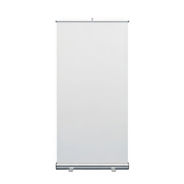 Blank white pull-up roller banner display stand isolated on a black background, perfect for advertising and promotion mockups