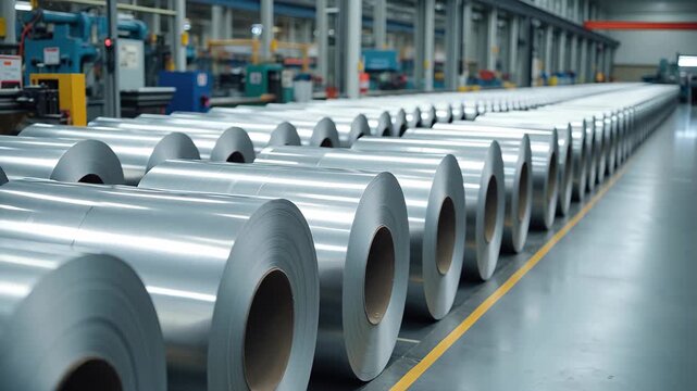 Rows of shiny metallic sheet rolls on factory floor. Industrial production process for material manufacturing, an aluminum or steel coil.