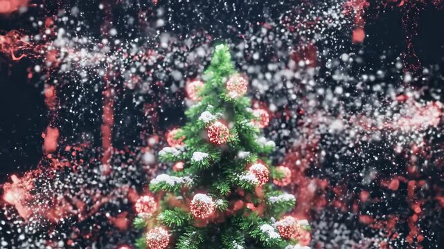 Abstract winter visualization featuring a small conical fir tree shape dusted with swirling digital snow and soft red textural elements geometric, energy, winter