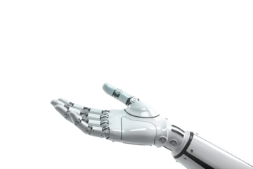 Robotic hand in an upward open gesture on transparent background, perfect png clipart for presentations on AI, automation, digital assistants, modern services, innovation themes and tech workflows.