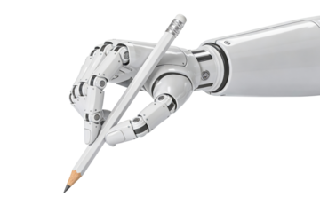 Robotic hand holding a pencil on transparent background, ideal png clipart for creative tech concepts, AI education, digital learning, tutorials, design topics and futuristic content creation.