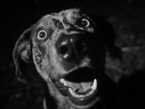 Startled Canine Face: A close-up black and white photograph captures a dog's wide, startled eyes and open mouth, conveying a sense of intense surprise or fear in the dark.