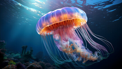 Vibrant jellyfish swimming in the ocean, 4K hyperrealistic photo. Fluorescent jellyfish dances gracefully underwater. Jellyfish wallpaper