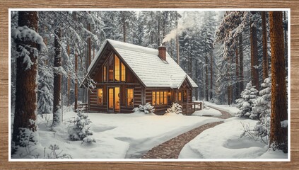 Sitting two-story steep pitched log cabin glowing warm windows in snow-covered pine forest, framed