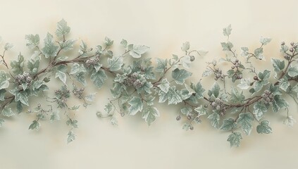 Showing frosted ivy garland across pale beige wall, featuring brown stems, teal leaves, berries