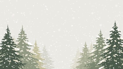 Falling flurries veiling evergreen trees holding snow on limbs in winter forest, misty shapes