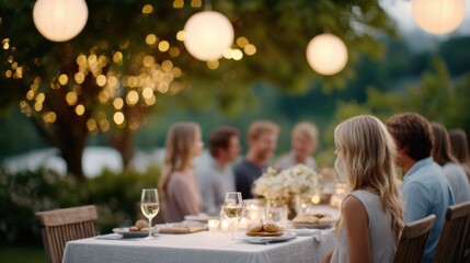 gathering family. Family gathering outdoors at a beautifully set table with soft lighting, enjoying a meal together in a serene garden atmosphere, creating cherished memories
