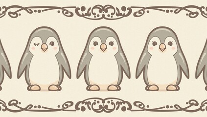 Featuring trio penguins centered on textured cream background with ornate brown borders and dots