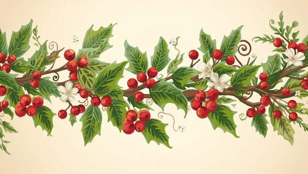Showing festive holly garland spanning cream backdrop with leaves berries blossoms stems and vines - Powered by Adobe