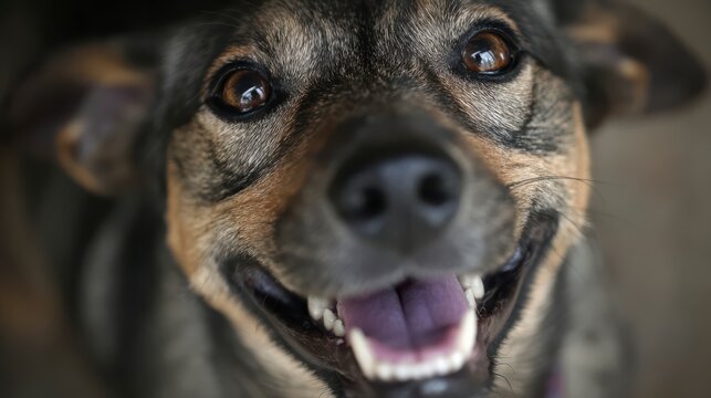 Joyful Canine Companion: A close-up shot captures the endearing and happy expression of a mixed-breed dog, its eyes bright and a wide smile revealing its teeth, looking up with pure canine delight.
