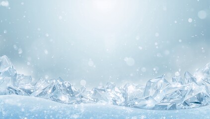 Glittering ridge of faceted clear ice crystals stretching across frozen plain, with snowdrifts