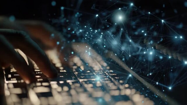 Hands typing on a keyboard with a glowing blue network of nodes and lines above, symbolizing data transfer.