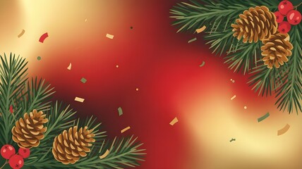 A Christmas and New Year greeting template with fir branches and pine cones.